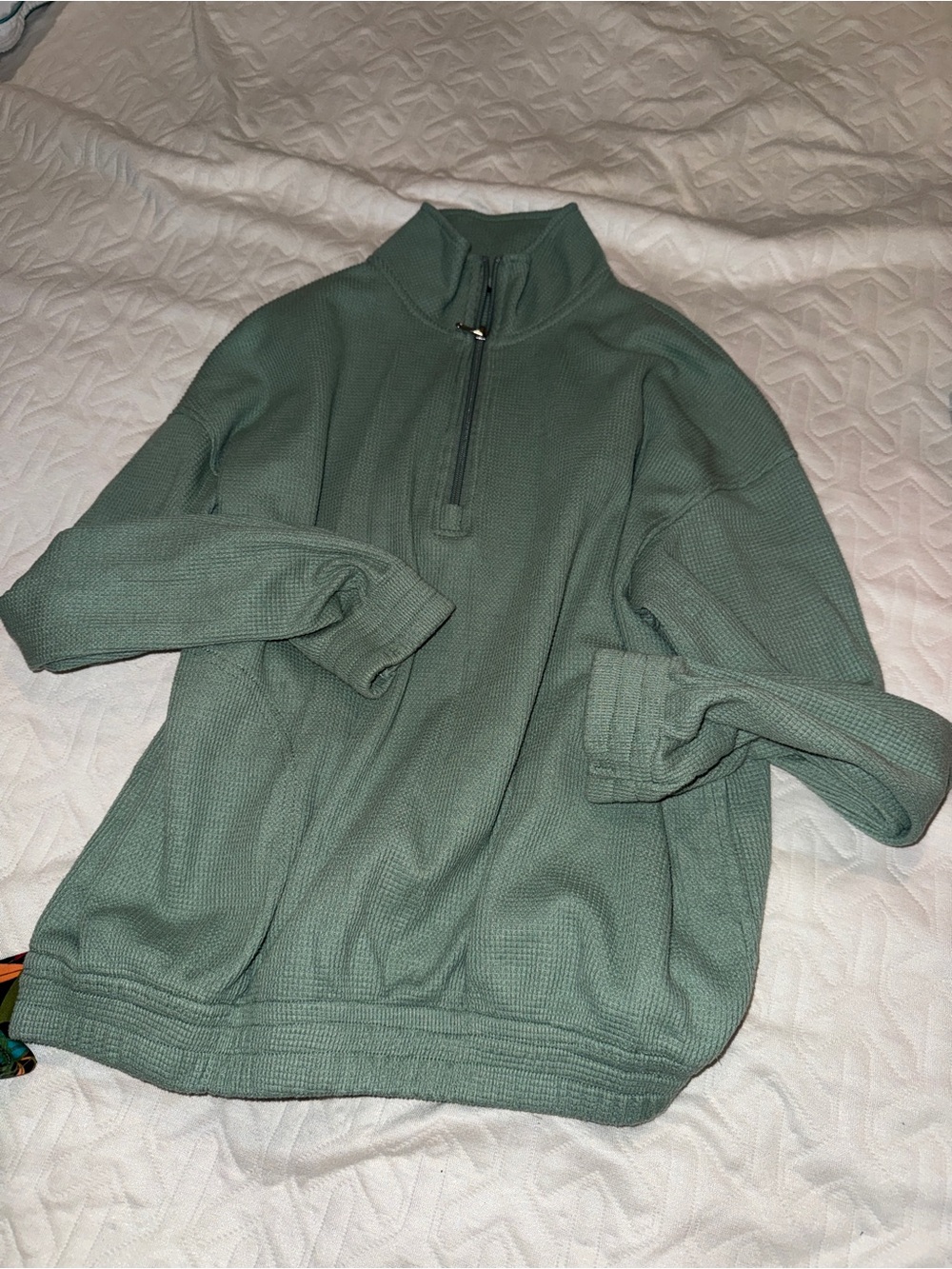 Quarter-Zip Waffle Knit Pullover Sweater - Green